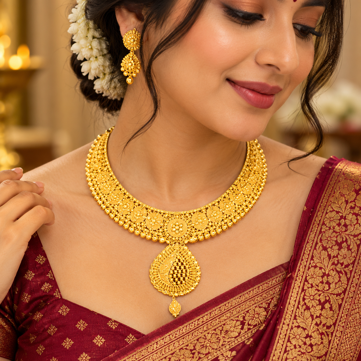Traditional Gold Floral Filigree Necklace with Teardrop Pendant