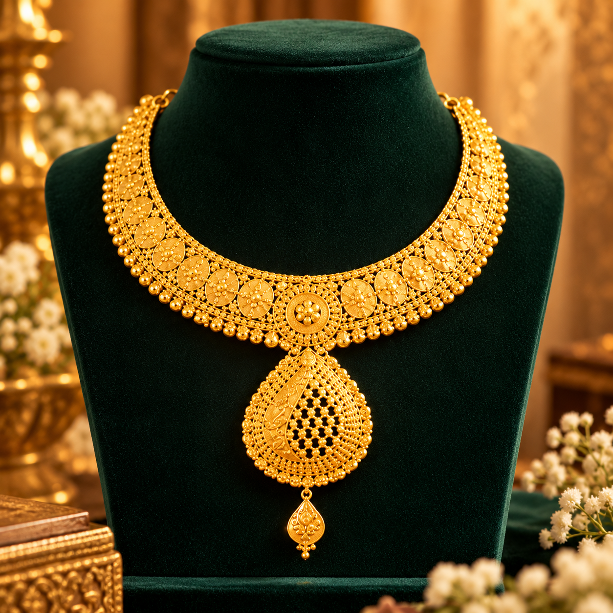 Traditional Gold Floral Filigree Necklace with Teardrop Pendant